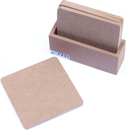 MDF DIY Square Coasters with Vertical Holder  Set of 4 (3.5in X 3.5in)